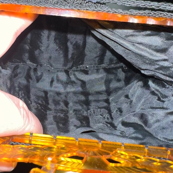 Popcorn Crochet Black Shoulder Purse With Celluloid Frame And Chain Vintage Boho - Picture 10 of 10